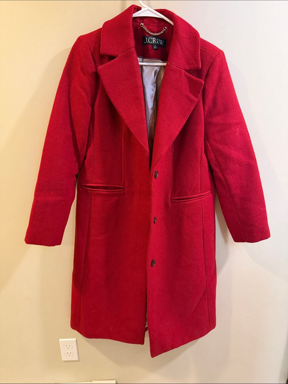 J. Crew Red Wool Coat with Gold Chain Detail